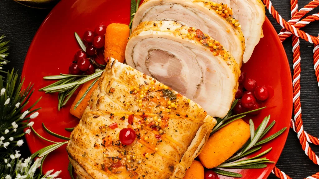Cooked turkey chest meat served with carrots and cherries.