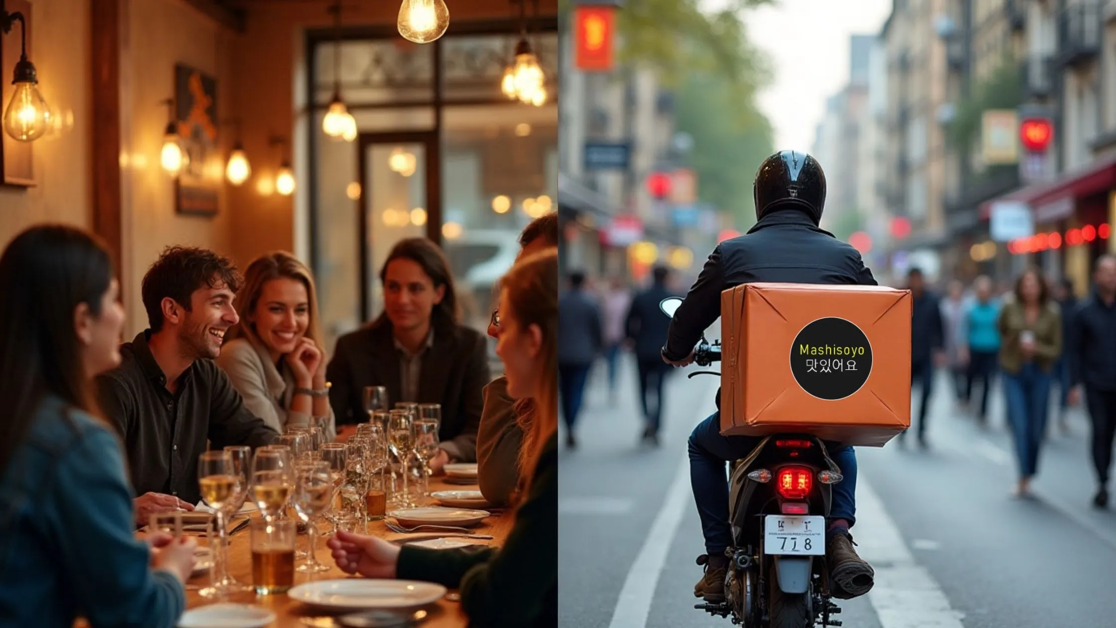 Dine-in vs. takeaway scene with restaurant guests and "Mashisoyo" delivery on a busy street, showing customer choice.